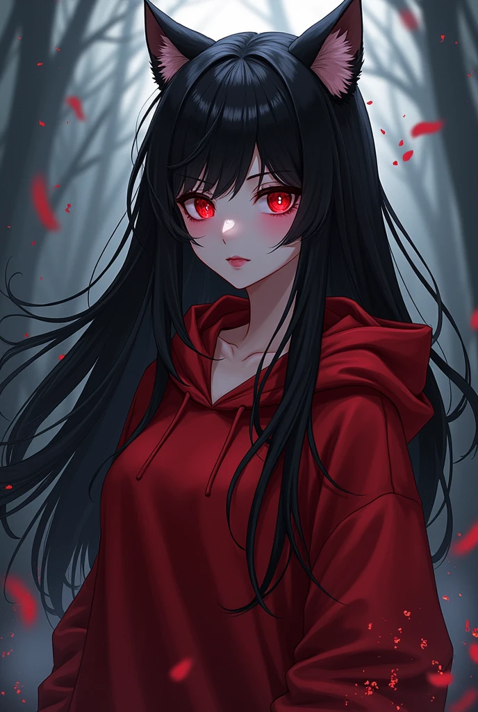 Anime girl with long black hair, red hoodies, red eyes, cat ears 