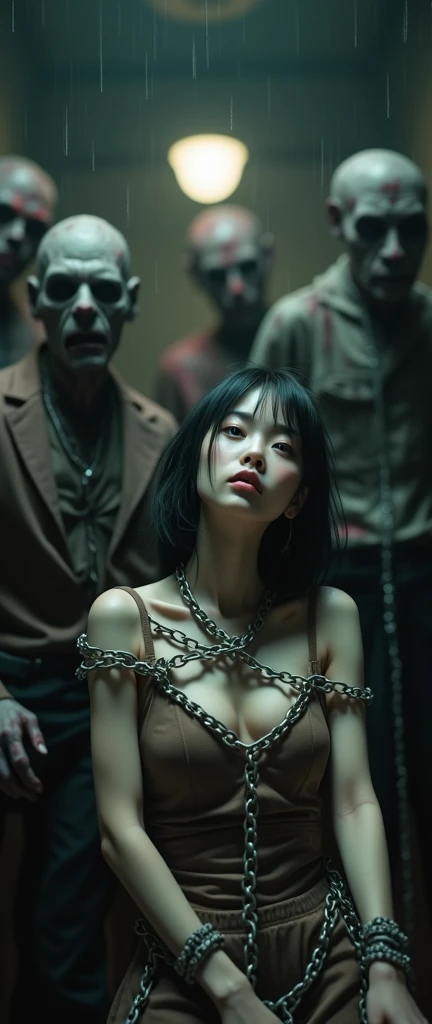 (32K:1.9, Horror expression:1.9, Highest quality, masterpiece, Ultra-high resolution), Perfect dynamic composition, Highly detailed skin and facial textures:1.3, Detailed eyes, Detailed limbs, (The Darkest Dungeon:1.3), Light brown leather outfit:1.6, Cute sexy slim Japanese woman:1.2, Fair skin, Tilt your head, (5 Zombies:1.8, Crazy behavior:1.7, Zombie touching a woman:1.9, Raindrops falling from the ceiling:1.5), (Her huge breasts are about to burst., areola is not visible, Big cleavage), (A look of despair:1.3, Expression of despair:1.3, Totally captivates you), Beautiful Blue Eyes, Beautiful erotic eyes, Sexy Face, blush, Beautiful sensual atmosphere, Professional random camera work, ((Bloody:1.9, Covered in scars:1.9, Bruises on the face:1.9, Covered in bruises:1.9, Lots of big chains:1.8, Countless chains tangled in clothes:1.8, Chain your right arm:1.8, Chain the left arm:1.8, The right leg is bound with a shackle and chain:1.8, The left leg is bound with a shackle and chain:1.8)), ((The endless chains invade:1.8)), (Too erotic)