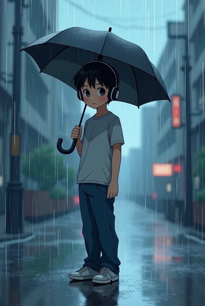Anime boy with headphone in rain with umbrella in pant