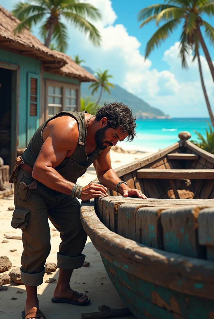 creates an image of a men repairing a boat