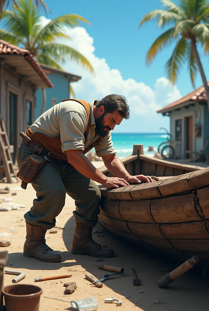 creates an image of a men repairing a boat