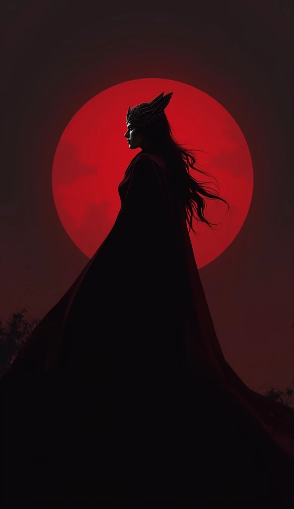 scarlet witch silhouette, minimalist, dark background