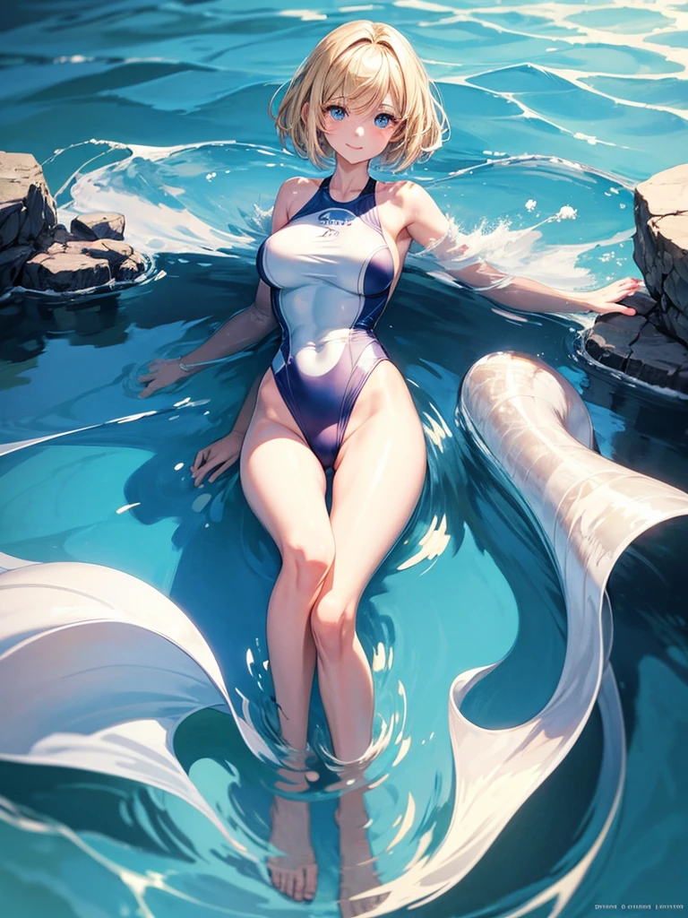 Anime style, super fine illustration, super clear illustration, highly detailed, beautiful detailed, super pale tone image, super delicate illustration, super calm & static image, static representation, gentle expression, 8k, pretty 1girl with blonde straight short hair & blue eyes & a bright smile & Big breasts & nipples & soft fair skin is wearing the competitive swimsuit in the swimming pool, happy stories, solo, perfect fingers, no more fingers, no less fingers, perfect arms, no more arms, no less arms, perfect legs, no more legs, no less legs, masterpiece,