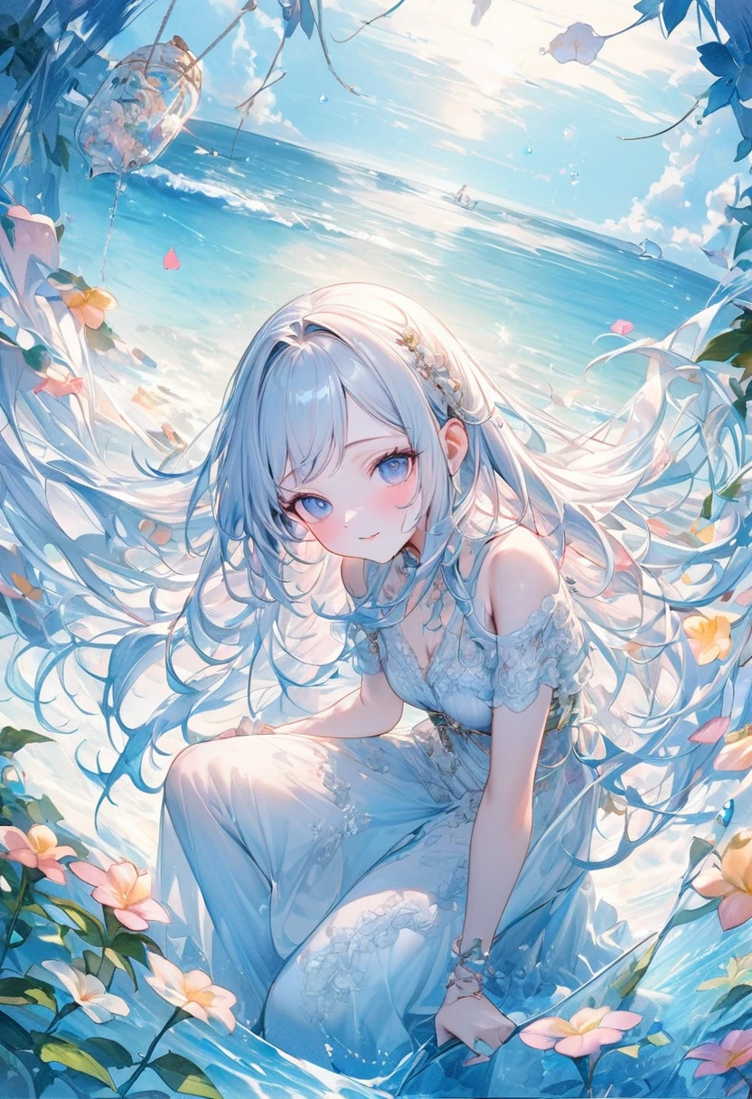 、Highest quality、masterpiece、Official Art、The best configuration、Tabletop、Award-winning works、Ultra-precise down to the last detail、Super elaborate face、pastel colour、A Kind World、Little、Leprechaun、Squat down and talk to the little fairy of the sea、Sparkling、The best light source、Blue sky and blue sea、Transparent watercolor、Milky white, beautiful hair、Surround the border with plumeria flowers、Perfect Anatomy、Perfect human body、