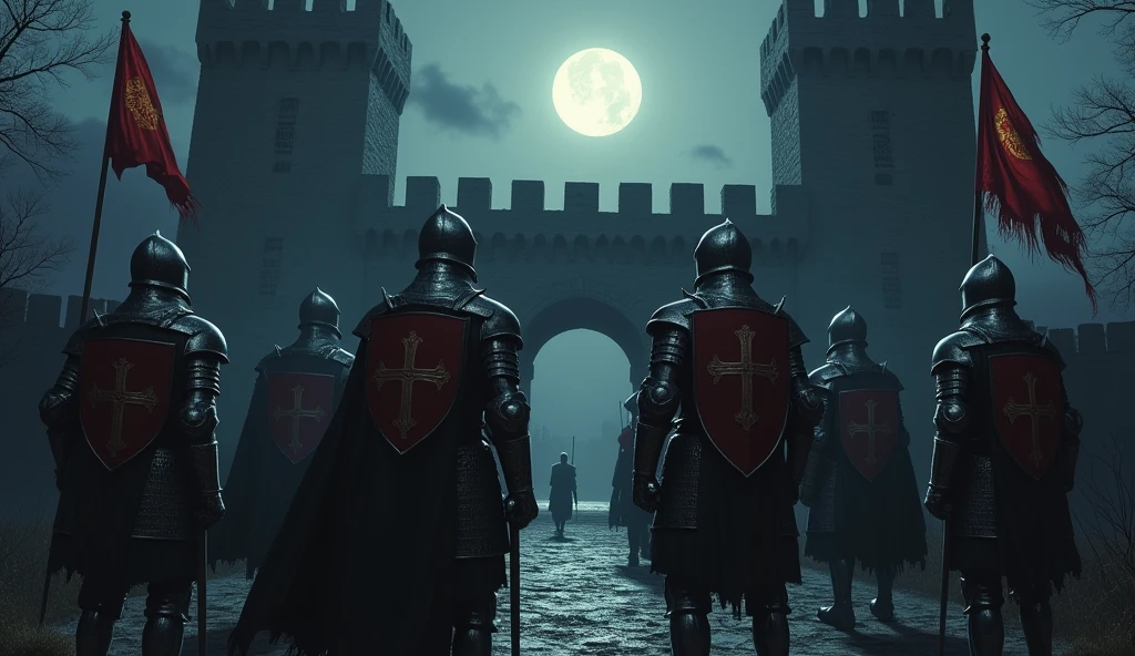 Several Knights Templar with their backs to the castle gate at night, with helmets carrying Cross and flags for war