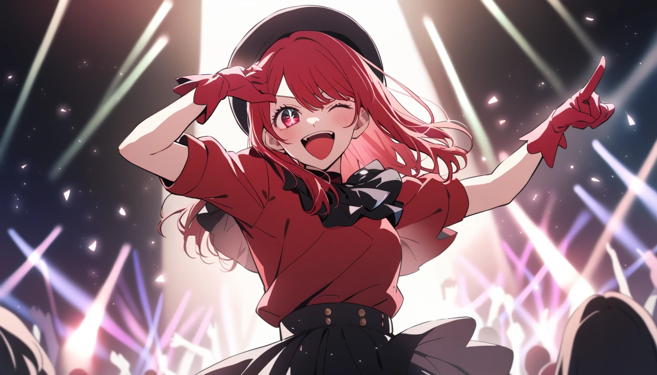 One person, He cultivated four, oshi no ko, alone, Idol, Idol clothes, Close one eye, Red Shirt, Black Skirt, Black Hat, gloves, Stage lighting, sing, Open your mouth, crowd, smile, Point to your audience, masterpiece, Highest quality