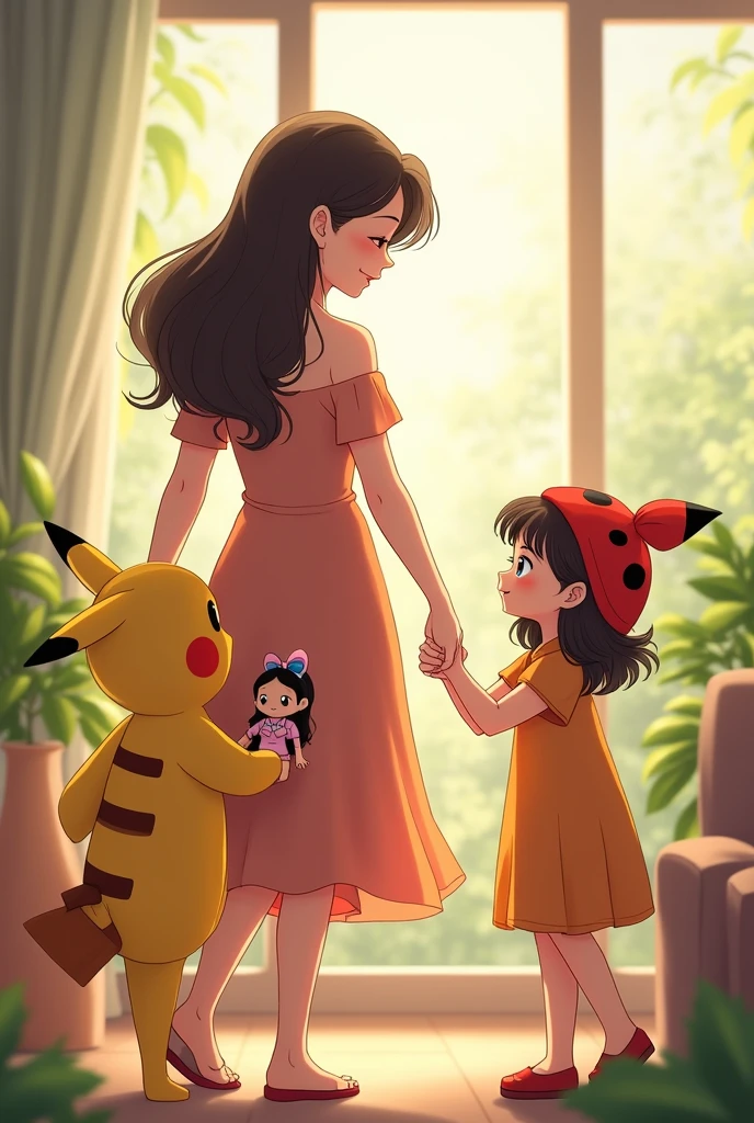 Anime style drawing of a pretty curvy girl holding hands with her two daughters, one is and is dressed in a Pikachu costume and the other is a girl holding a Lady Bog doll