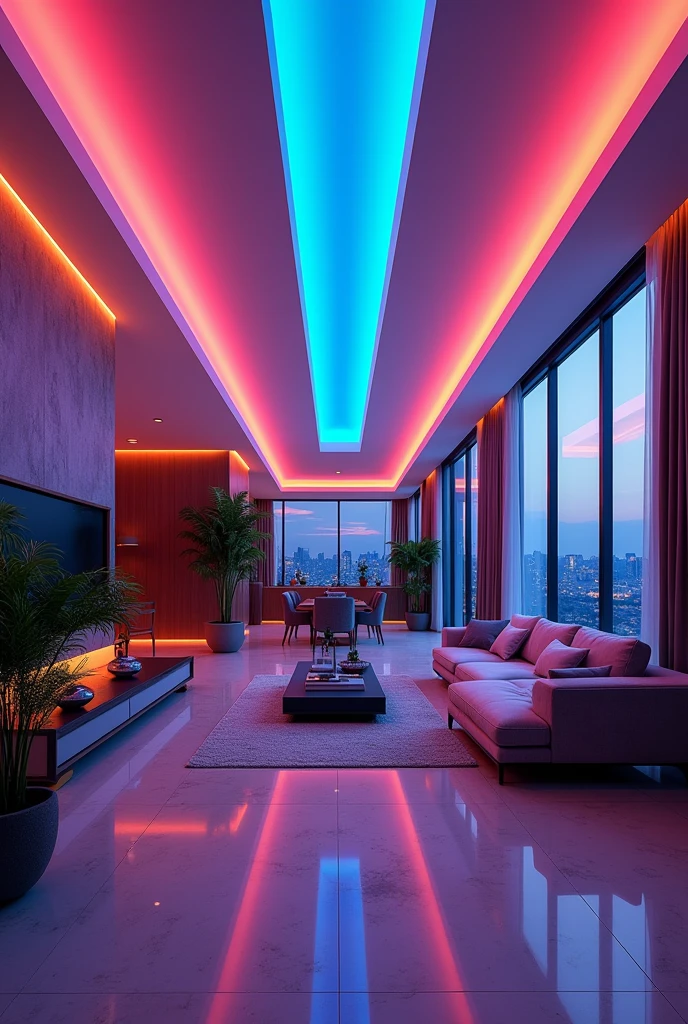 (Extremely detailed CG unity 8k wallpaper),(masterpiece), (best quality), (Extremely detailed), (RGB strip light),Living room ceiling mood lighting