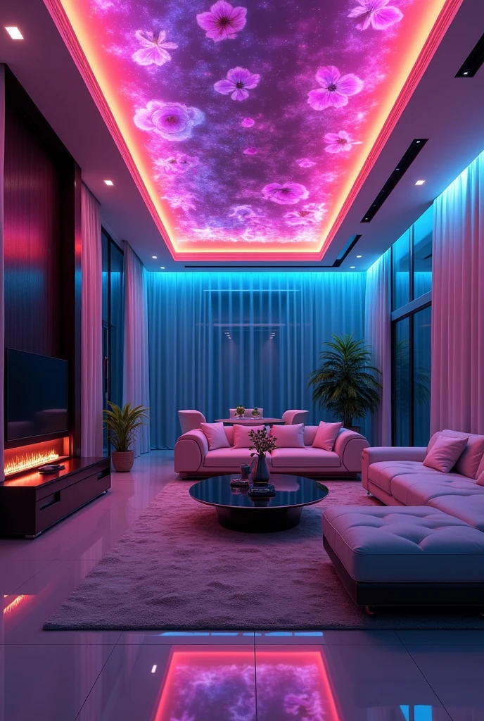 (Extremely detailed CG unity 8k wallpaper),(masterpiece), (best quality), (Extremely detailed), （RGB strip light），Living room ceiling mood lighting