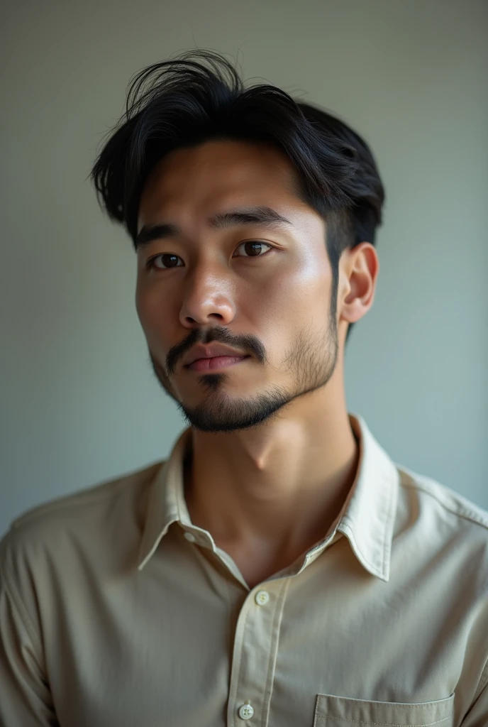 A asian man with simple hair style and more beards in causal look