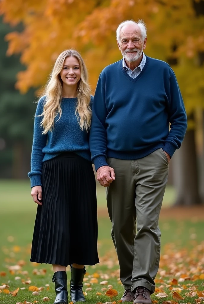 Create a realistic image of a 20 year old woman, long blonde hair, blue eyes, cheekbones, ((full body)),
dressed in black colored skirt, blue colored sweater, black colored boots, with his grandfather, background image: in a garden in autumn, from head to toe, full body, hyper realistic photo