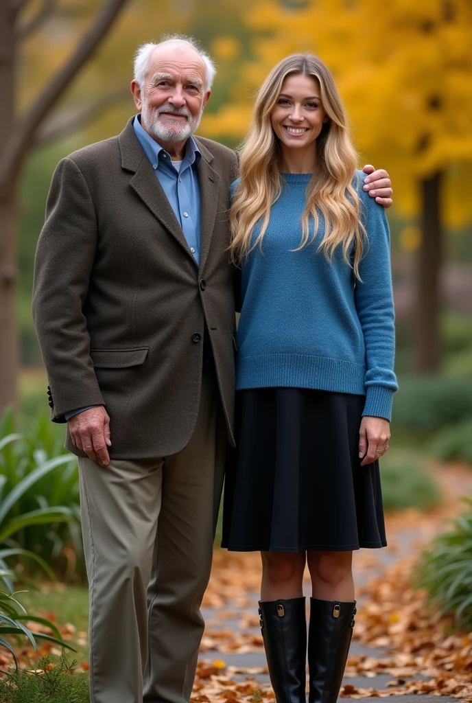 Create a realistic image of a 20 year old woman, long blonde hair, blue eyes, cheekbones, ((full body)),
dressed in black colored skirt, blue colored sweater, black colored boots, with his grandfather, background image: in a garden in autumn, from head to toe, full body, hyper realistic photo