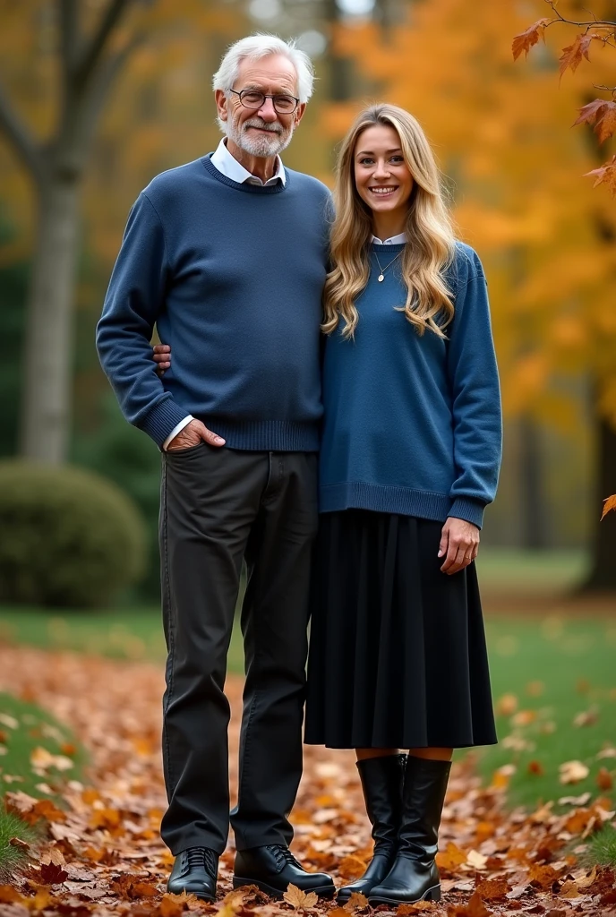 Create a realistic image of a 20 year old woman, long blonde hair, blue eyes, cheekbones, ((full body)),
dressed in black colored skirt, blue colored sweater, black colored boots, with his grandfather, background image: in a garden in autumn, from head to toe, full body, hyper realistic photo