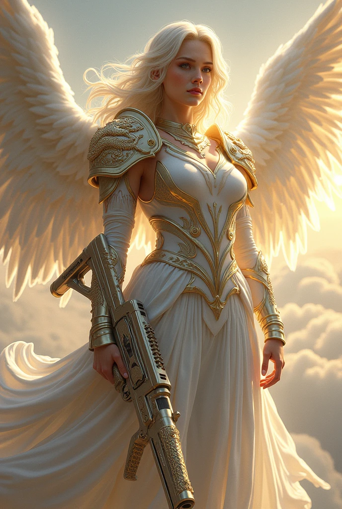 Female Warrior Angel in White and Gold Colors, with the name ALFA on his chest holding a silver AK-47 with dragon details