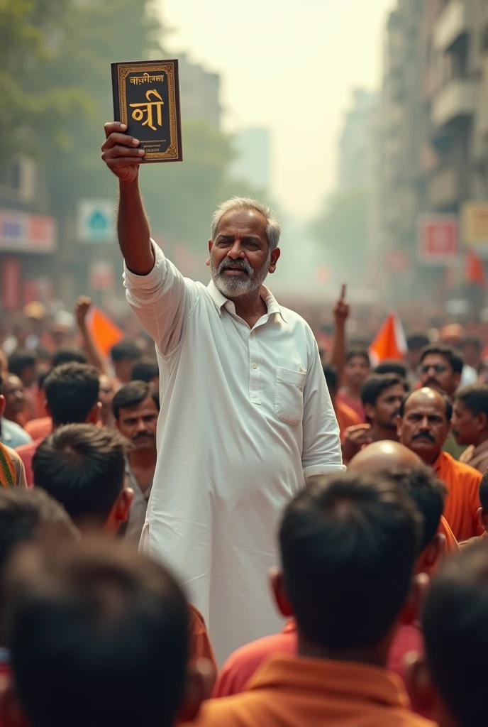 A leader who is protesting with thousands of people and holding a book raised in his hand.
Book titled साहित्य in marathi language 
Weared white Nehru Kurta.
