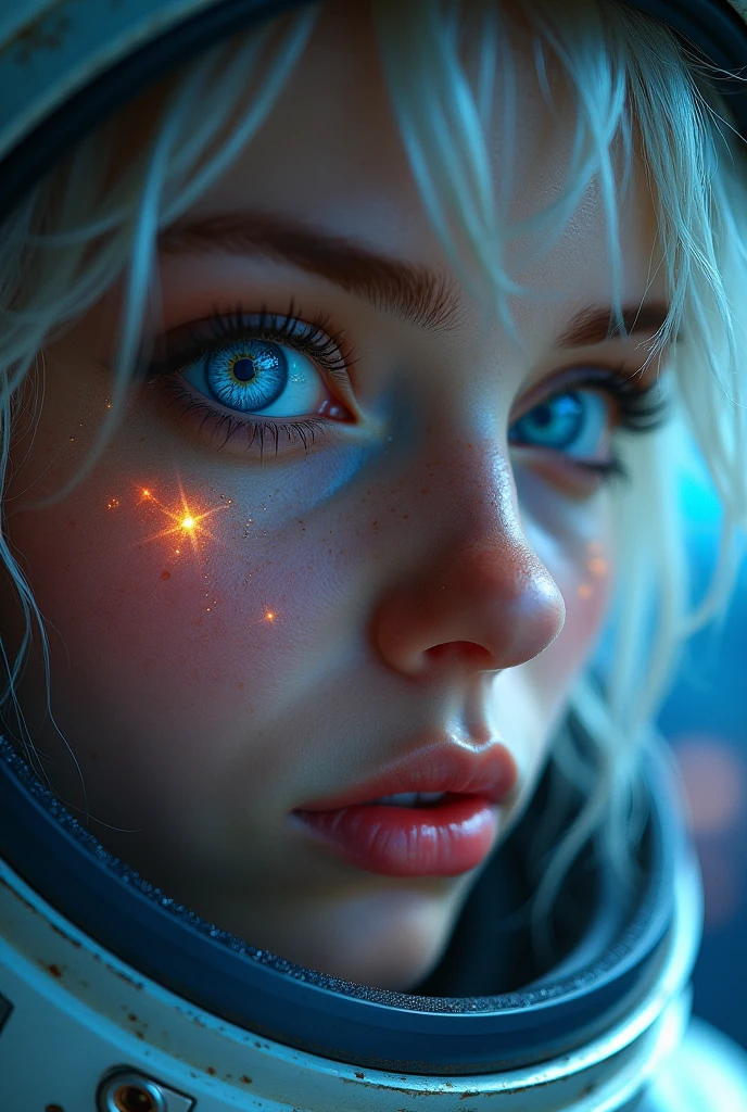 (Close-up of a better masterpiece:1.5)0.9], (Space and astronauts:1.2) (Messy silver hair:1.1) (Heterochromia xanthochromia and blue eyes:1.2) (Space Helmet:1.0) (Colored stars in the eyes:1.0) (A radiant glow:1.1) (thick lips:0.9) video 
