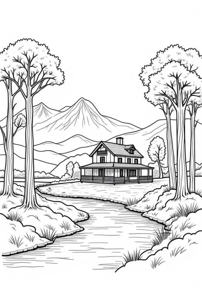 Landscape with a country house, trees, a river, mountains in the background, only outline of the drawing, black and white