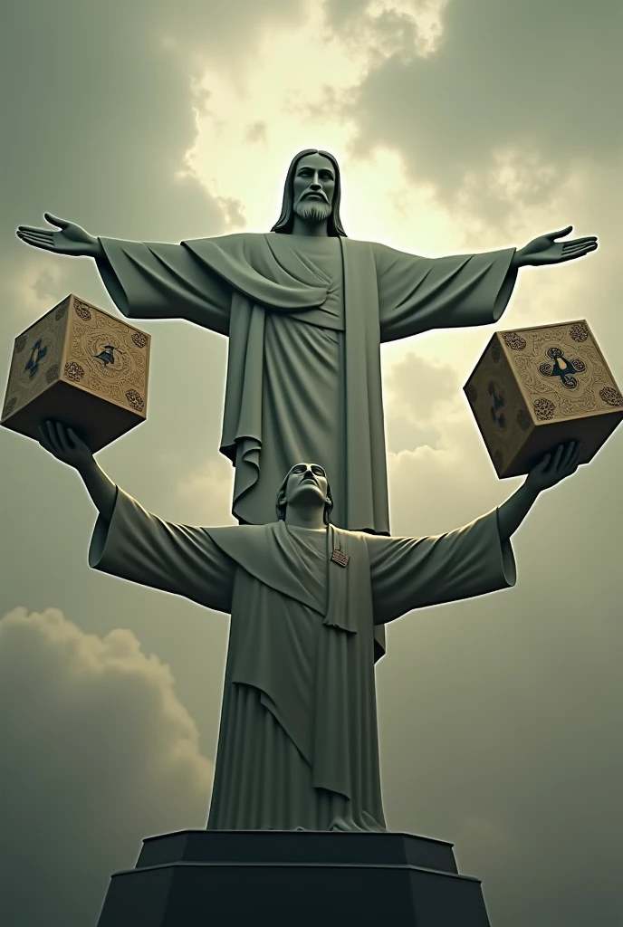 Create an image with the image of the statue of Christ the Redeemer in each hand making the number 4 with dice in each hand in allusion to the age 44