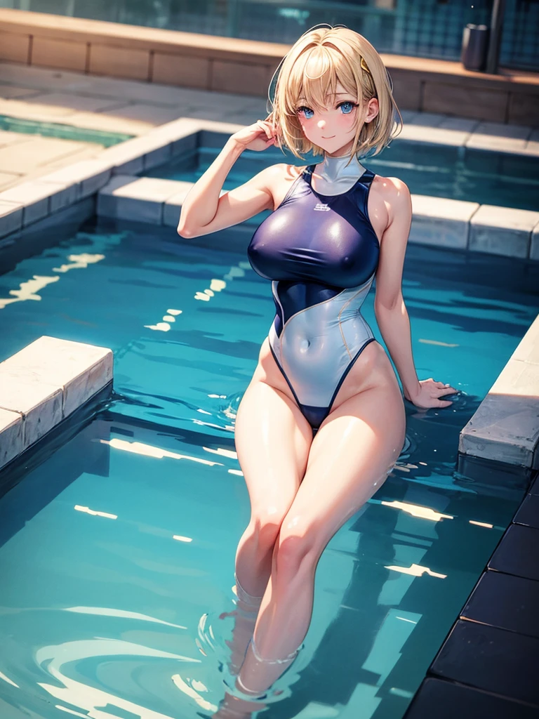 Anime style, super fine illustration, super clear illustration, highly detailed, beautiful detailed, super pale tone image, super delicate illustration, super calm & static image, static representation, gentle expression, 8k, pretty 1girl with blonde straight short hair & blue eyes & a bright smile & Big breasts & nipples & soft fair skin is wearing the competitive swimsuit in the swimming pool, happy stories, solo, perfect fingers, no more fingers, no less fingers, perfect arms, no more arms, no less arms, perfect legs, no more legs, no less legs, masterpiece,