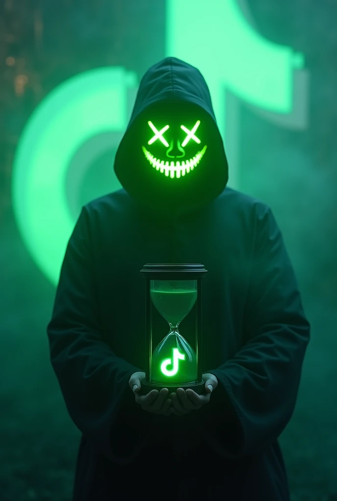 Black shadow wearing neon green halloween mask holding an hourglass with the large TikTok logo in the background with a lot of fog