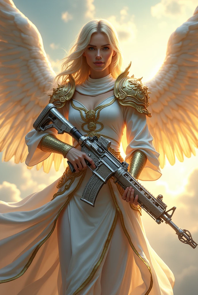 Female Warrior Angel in White and Gold Colors, with the name ALFA on his chest holding a silver AK-47 with dragon details