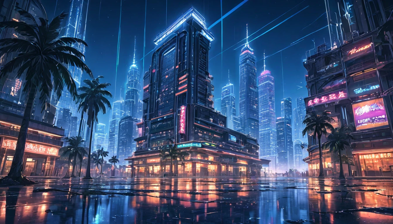 a beautiful modern city in a tropical southern country, night scene, anime style, dramatic lighting, glowing neon lights, skyscrapers, palm trees, moonlit sky, reflections in puddles, (best quality,4k,8k,highres,masterpiece:1.2),ultra-detailed,(realistic,photorealistic,photo-realistic:1.37),vibrant colors,cinematic composition,intricate details,dramatic shadows,neon signs,long exposure photography,futuristic architecture,glowing cityscape,stunning night landscape