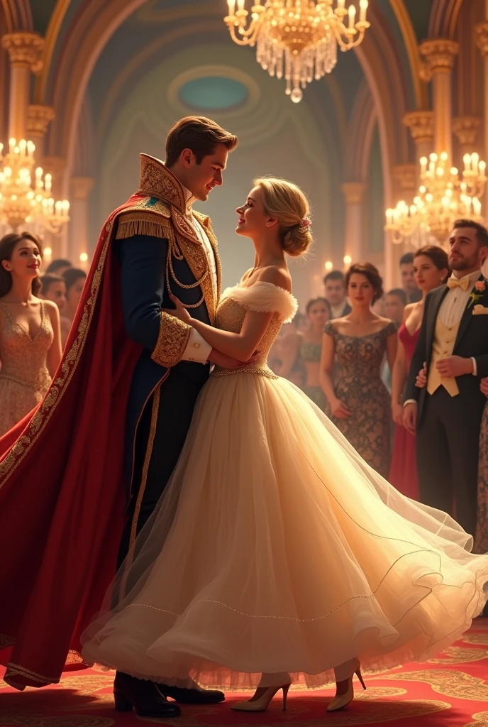 Cinderella and Prince Charming dancing at the ball.