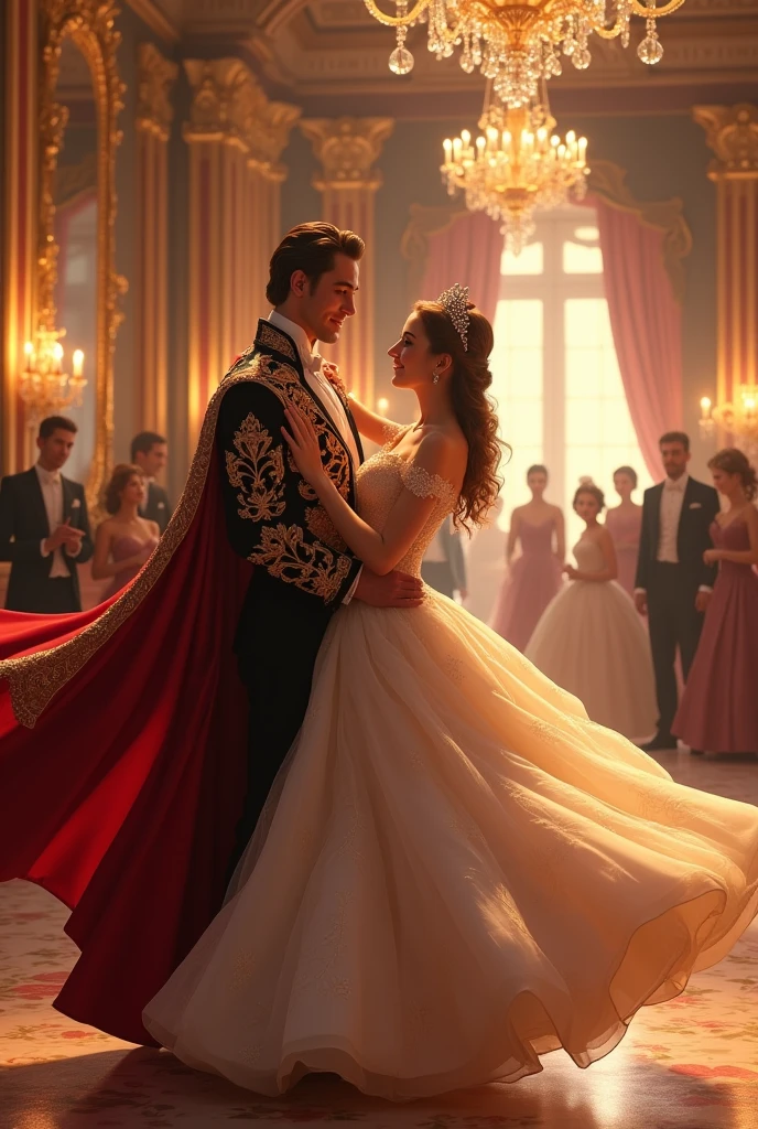 Cinderella and Prince Charming dancing at the ball.