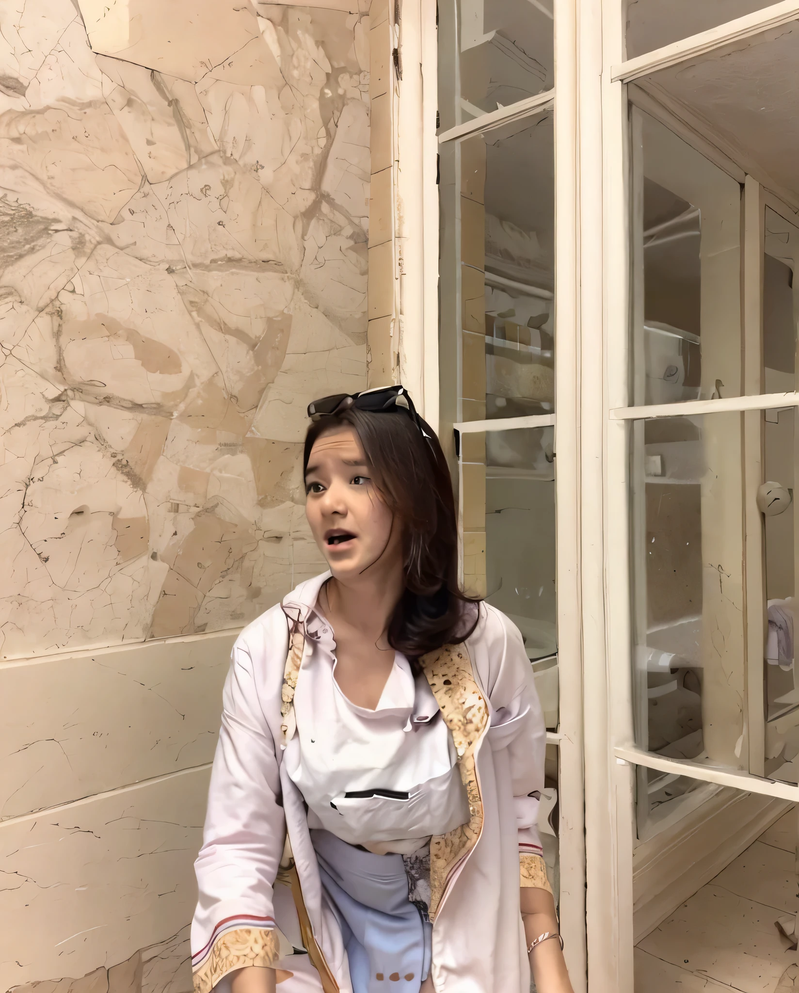 (pp clothes), (realistic), A teen girl peeing in skirt, scream expression, view to viewers, peeing herself, peeing:1.4, urination:1.4, pee_stain_skirt:1.5, pee_puddle:1.4, urine flow