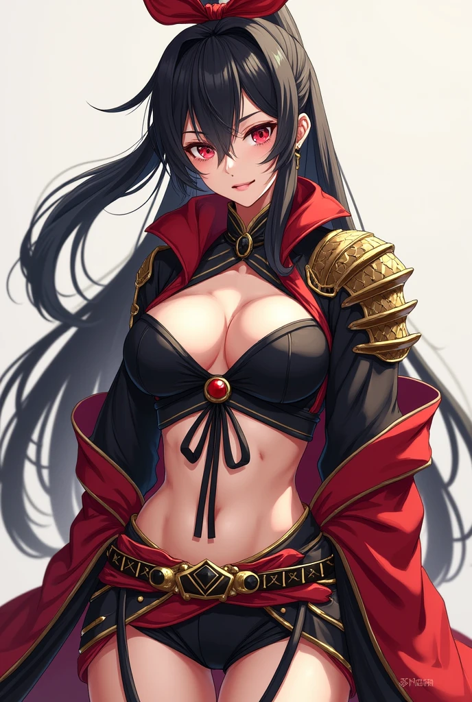 Female character woman with long black hair tied with a red bow, oriental armor style costume with predominant colors red, black and gold, short outfits showing parts of the body, She wears a low-cut black blouse with black ribbons around her neck that go from the neckline to the neck, a short black shorts, their arms have protective armor pieces, It also has a gold belt with a red and black ribbon tied 