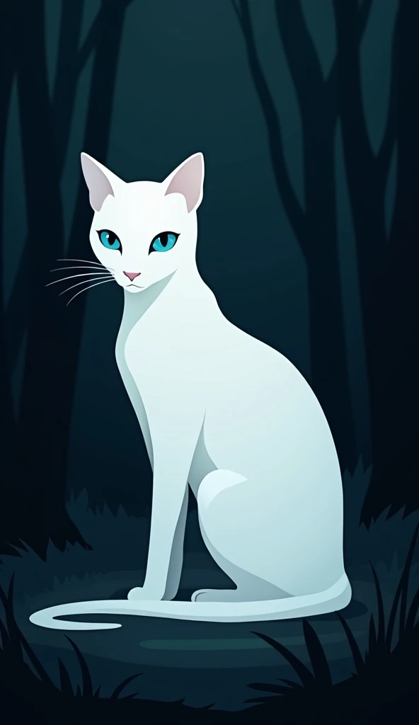 a silhouette of a white cat with blue eyes, dark background, minimalist
