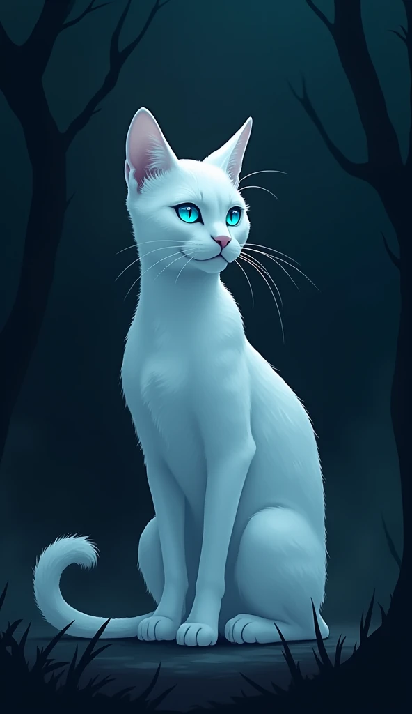 a silhouette of a white cat with blue eyes, dark background, minimalist