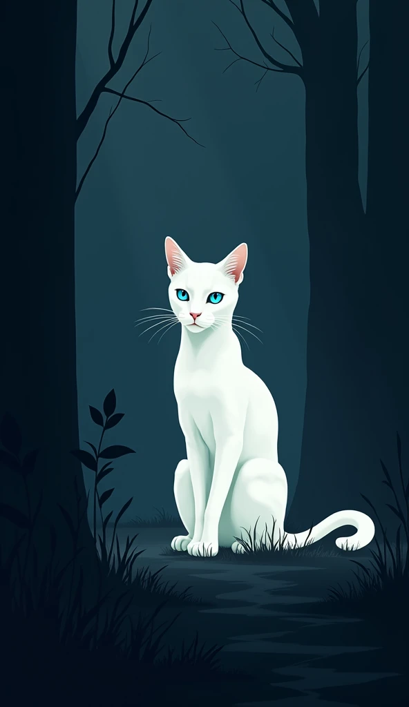 a silhouette of a white cat with blue eyes, dark background, minimalist