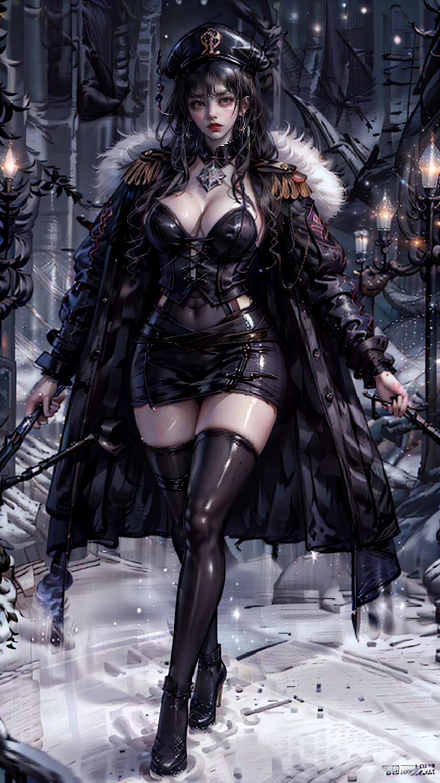 Mature beautiful woman,(Highest quality,Extremely detailed depiction,Incredible high resolution,Anatomically accurate depiction,Curvy Legs,Glowing Skin,Porcelain-like skin,Perfect body),(Sexy Female Soldier,uniform,Pencil Skirt,High heels,black tights,Hats for the winter,latex,Heavy coat,Winter Gear),eyelash,Flashy makeup,eye shadow,Intense glowing purple eyes,Half a point.4,Large Breasts,Glossy pink lips,Shadowed face,Captivating smile,whole body:1.2,(background:Snowfield:1.3),Snow Scene,that&#39;it&#39;s snowing,Side view:1.3