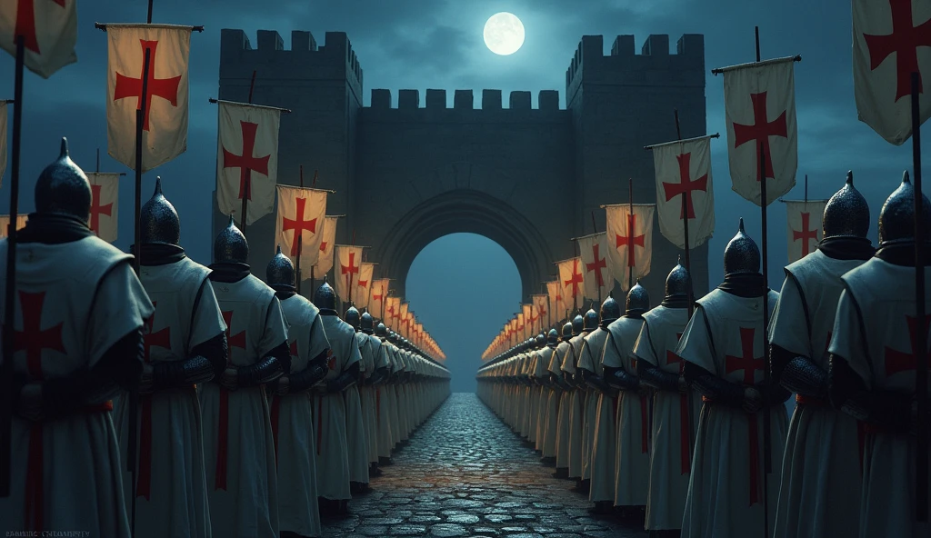 Several Knights Templar with their backs to the castle gate at night, with helmets carrying a cross and white flags with a cross design, going to war