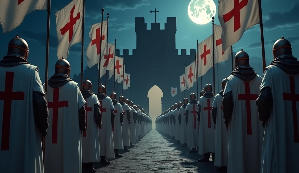 Several Knights Templar with their backs to the castle gate at night, with helmets carrying a cross and white flags with a cross design, going to war