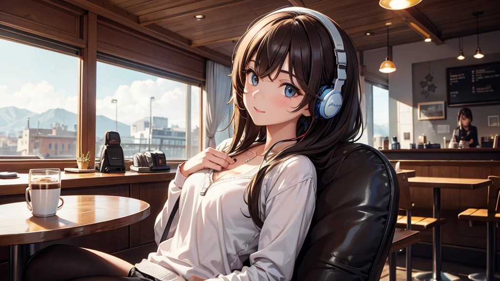 Girl with headphones enjoying music in a cafe I am studying Emphasize a little bit of the chest