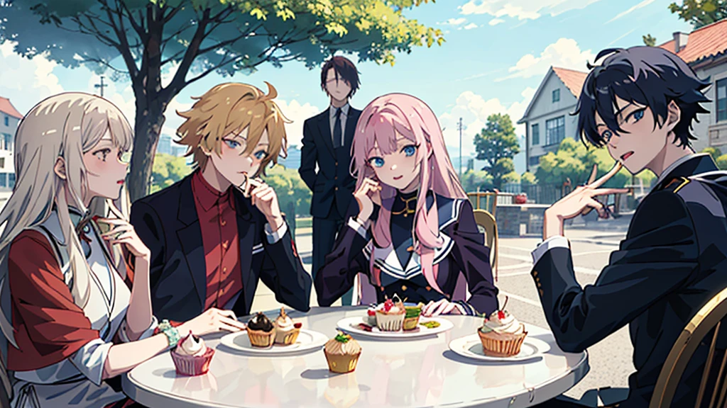 ((Best quality)), ((masterpiece)), (detailed), (((6 anime characters))), 4 girls, 2 guys, Friendly atmosphere, sitting at the same table, длинный стол, 6 plates, cupcakes on the table, On the yard, tree from the side, looking at the camera, niji-jorney style
