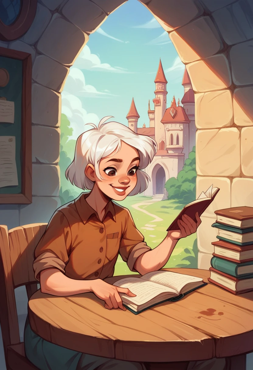 Woman with long, copper-white hair, thick lips smiling, sitting at a table, reading a book, brown clothes and in the background on the wall a drawing of the Disney castle
