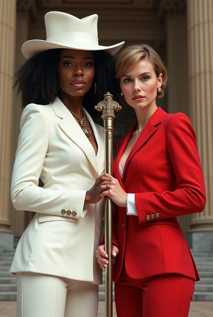 create image of a black woman, dressed in a white suit and white hat and a white woman dressed in a red suit with a white hat, holding a staff.