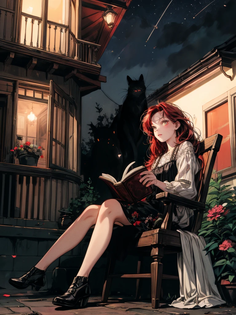 beautiful woman, (((full body))), ((background outdoor house)), (best quality), 1girl, solo A room with glass windows, curtains, a young woman with long black hair, red hair , White eyes with red pupils stare at the book., sitting on a chair, She is sitting and reading a book in front of the house., There are flowers, flower pots, a table, a wine glass, a wine bottle, a lamp, a black cat, Outside the window, there is a dark sky and stars.