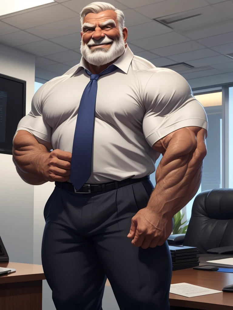 a muscular old man with a beard, no mustache, wearing a shirt, pants, necktie, massive muscular, thick arms, smile, pectoral, standing in office, (best quality,4k,8k,highres,masterpiece:1.2),ultra-detailed,,detailed wrinkles,detailed facial features,detailed texture, half body, halfbody