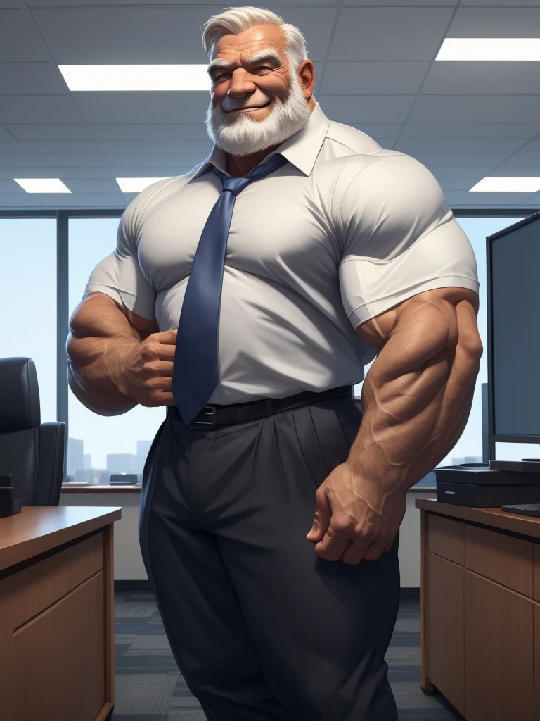 a muscular old man with a beard, no mustache, wearing a shirt, pants, necktie, massive muscular, thick arms, smile, pectoral, standing in office, (best quality,4k,8k,highres,masterpiece:1.2),ultra-detailed,,detailed wrinkles,detailed facial features,detailed texture, half body, halfbody