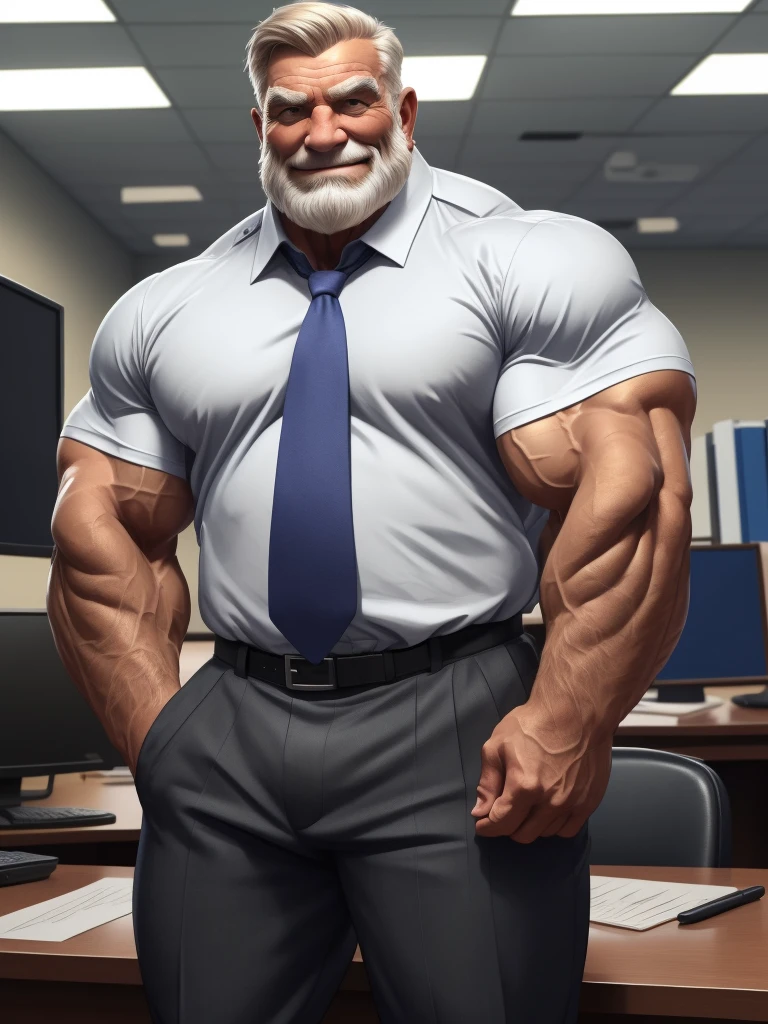 a muscular old man with a beard, no mustache, wearing a shirt, pants, necktie, massive muscular, thick arms, smile, pectoral, standing in office, (best quality,4k,8k,highres,masterpiece:1.2),ultra-detailed,,detailed wrinkles,detailed facial features,detailed texture, half body, halfbody