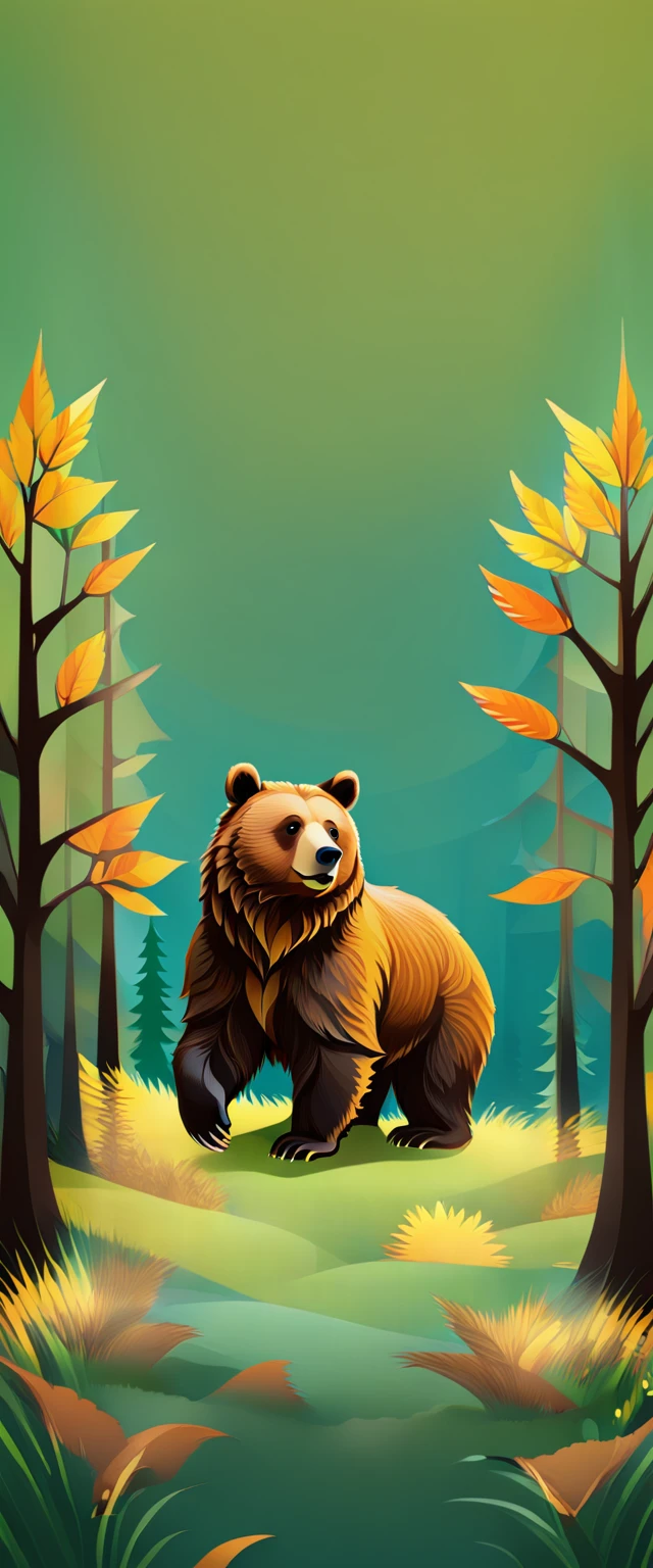 Brown bear vector art:1.5, ((masterpiece:1.4)). orange colors, yellow green:1.4,((imaginative scene))8k