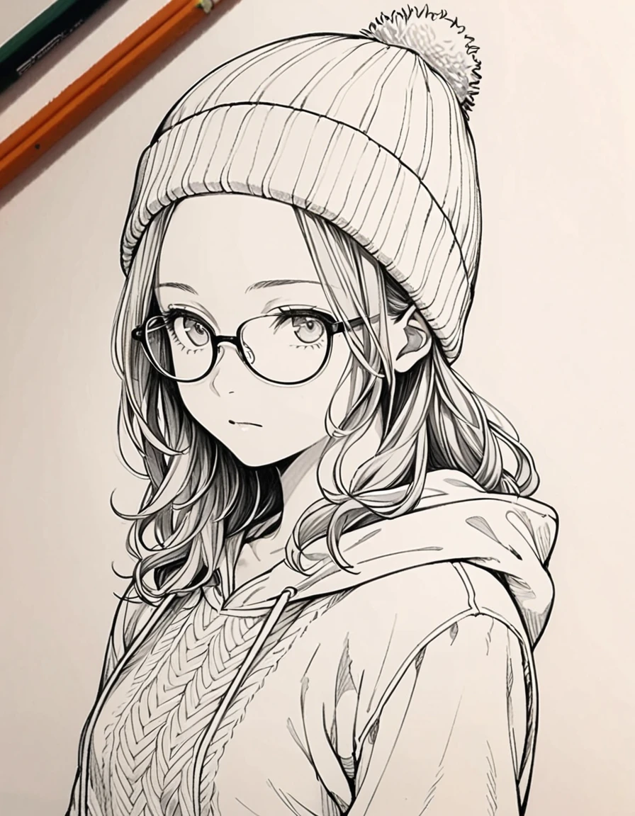 1 female, 30-year-old, alone, thin, slender, small breasts!!!, Loose curly hair, Bedhead, Forehead, thin, slender, (((Knit cap, glasses))), hoodie, Skinny skirt, Are standing, art, black and white, line art, pencil drawing, draft, White background, portrait