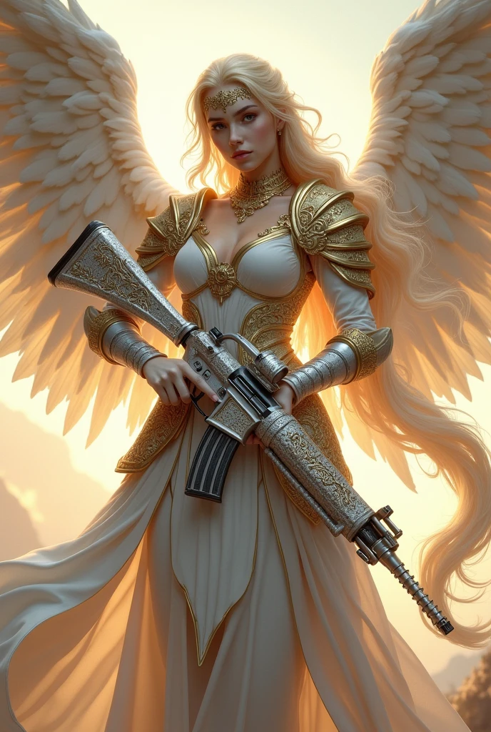 Female Warrior Angel in White and Gold Colors, with the name ALFA on his chest holding a silver AK-47 with dragon details