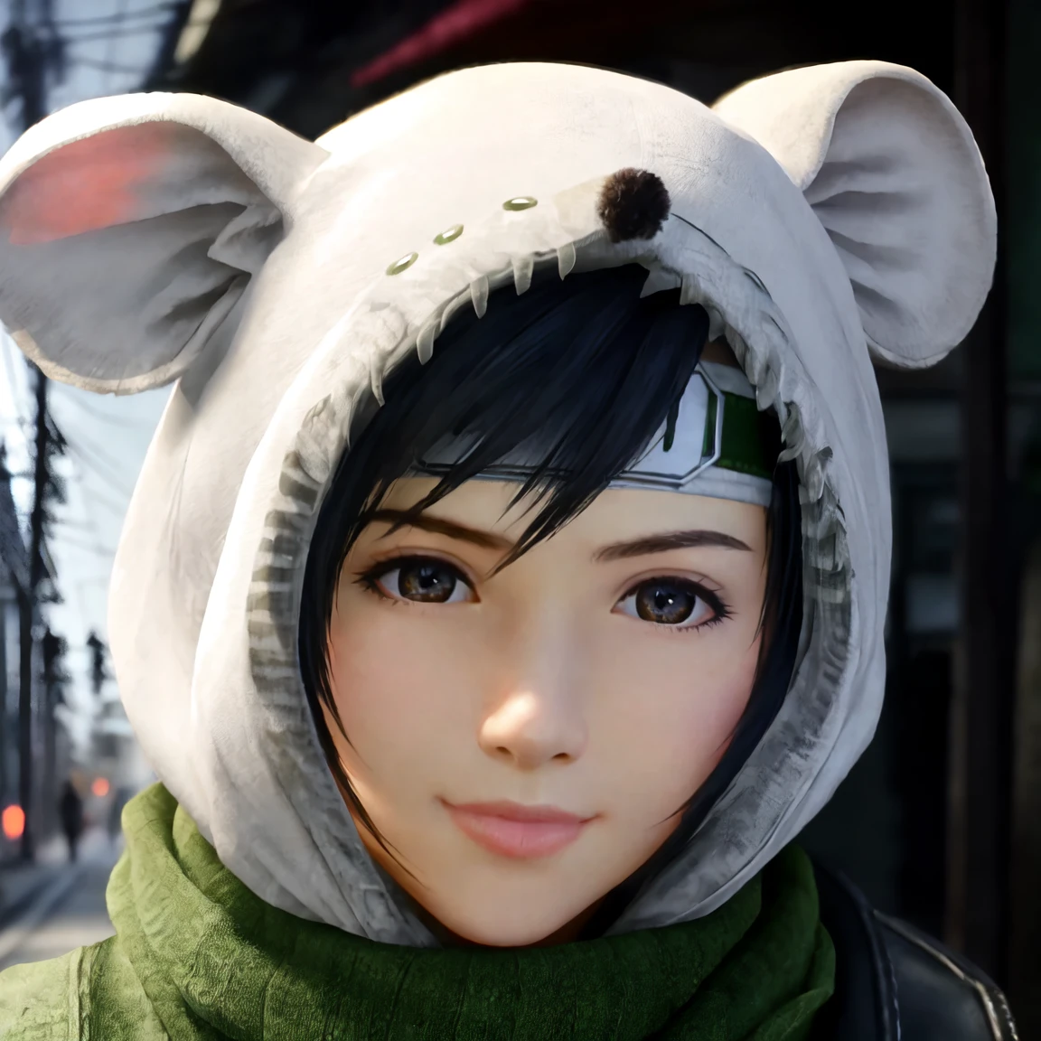 (yuffie_kisaragi, mooglesuit, animal hood, white cloak ),((a girl)),(16yo:1.3),hyperrealistic portrait,((Cowboy Shot)),sharp focus, depth of field ,blur background, bokeh ,Cinematic lighting,detailed face,random pose,touch hair,Half Smile,Midnight,((alley)),(photo realistic,perfect anatomy:1.3),(hyper detailed, masterpiece:1.2), best quality,RAW photo, exquisite, beautiful 