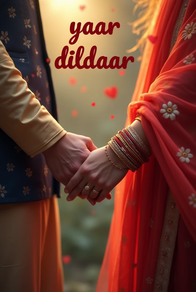 A picture of a romantic couple holding hands and Yaar Dildaar written on the Picture in Red