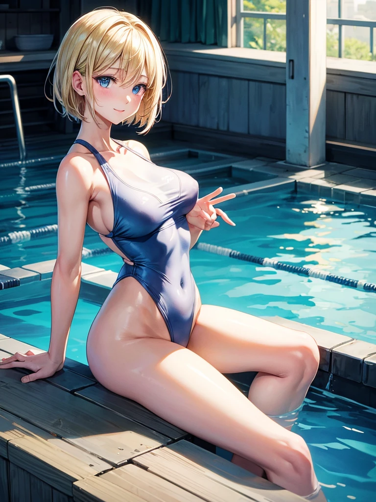 Anime style, super fine illustration, super clear illustration, highly detailed, beautiful detailed, super pale tone image, super delicate illustration, super calm & static image, static representation, gentle expression, 8k, pretty 1girl with blonde straight short hair & blue eyes & a bright smile & Big breasts & nipples & soft fair skin is wearing the competitive swimsuit in the swimming pool, happy stories, solo, perfect fingers, no more fingers, no less fingers, perfect arms, no more arms, no less arms, perfect legs, no more legs, no less legs, masterpiece,
